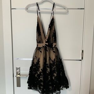 Black Floral-Overlay Deep V Mini Dress